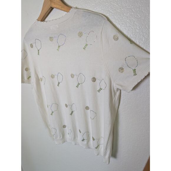 Minnie Rose Cashmere Blend Pickleball Frayed Edge White Sweater Shirt Women Sz L - Picture 8 of 10